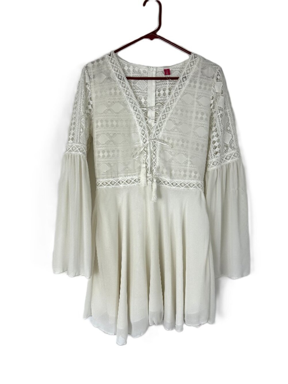 Mundefeis White Lace Bell Sleeve Dress XL
